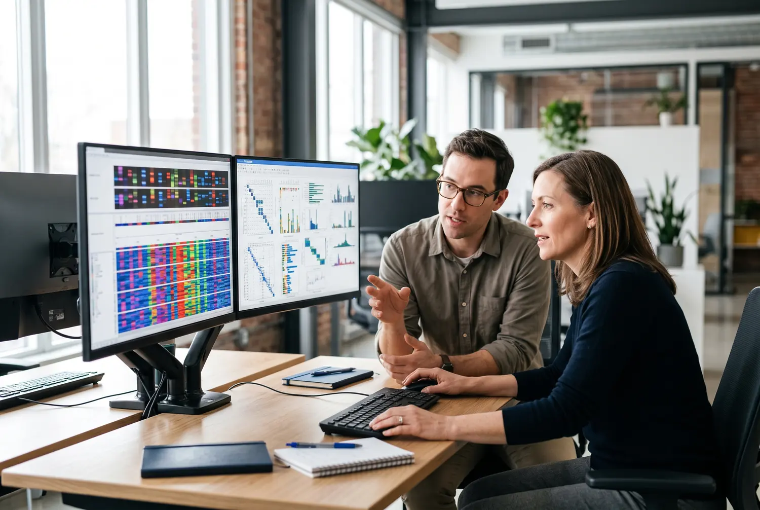 Two data scientists reviewing genomic visualizations on dual monitors